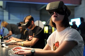 The Oculus Rift headset is tested by attendees at the Eurogamer Expo at Earls Court in London.