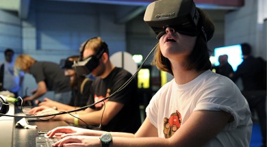 The Oculus Rift headset is tested by attendees at the Eurogamer Expo at Earls Court in London.